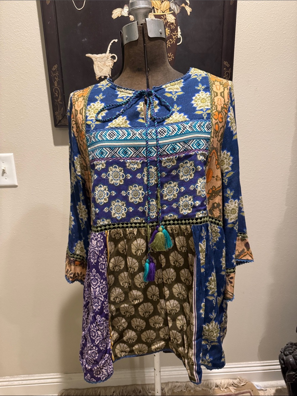 Soft Surroundings Blue Patchwork BOHO Peasant Tunic Top Sz L
